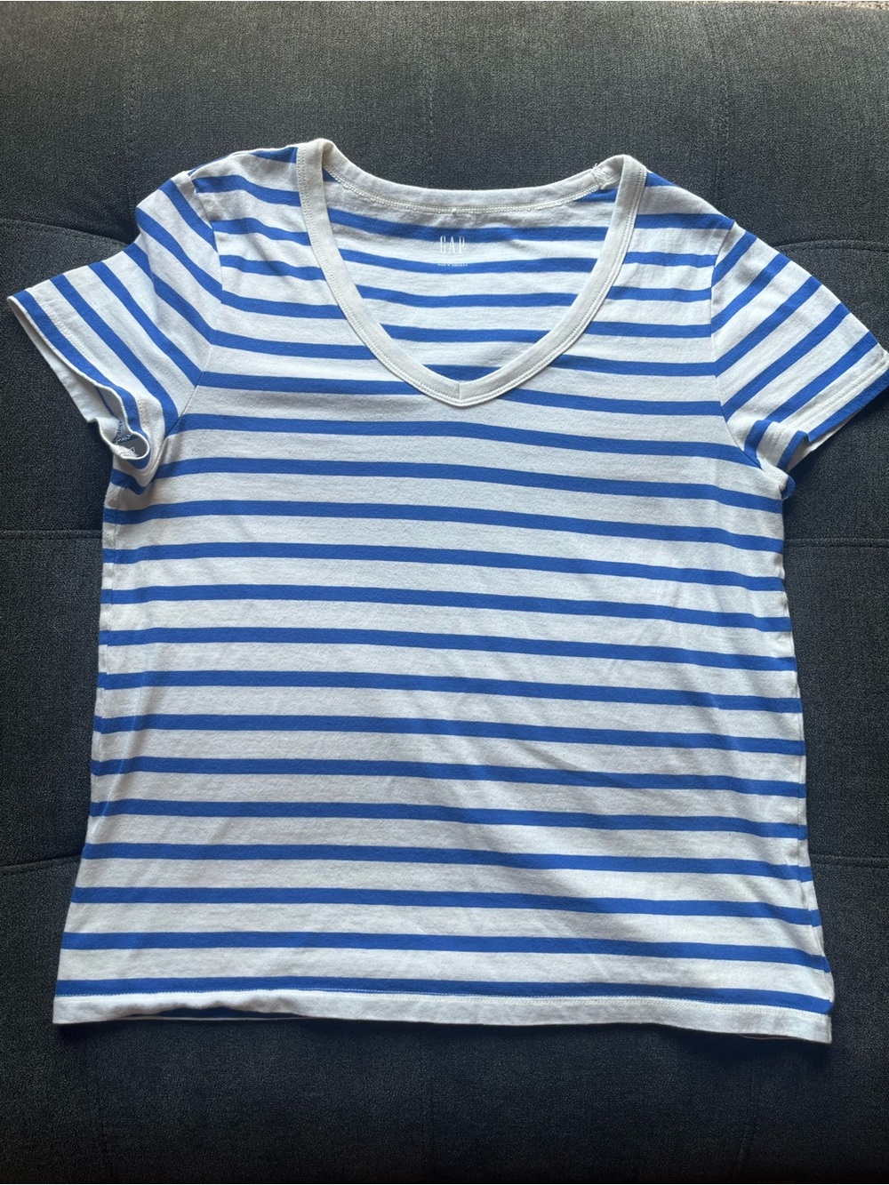 GAP Blue and White Striped V-Neck Short Sleeve Tee